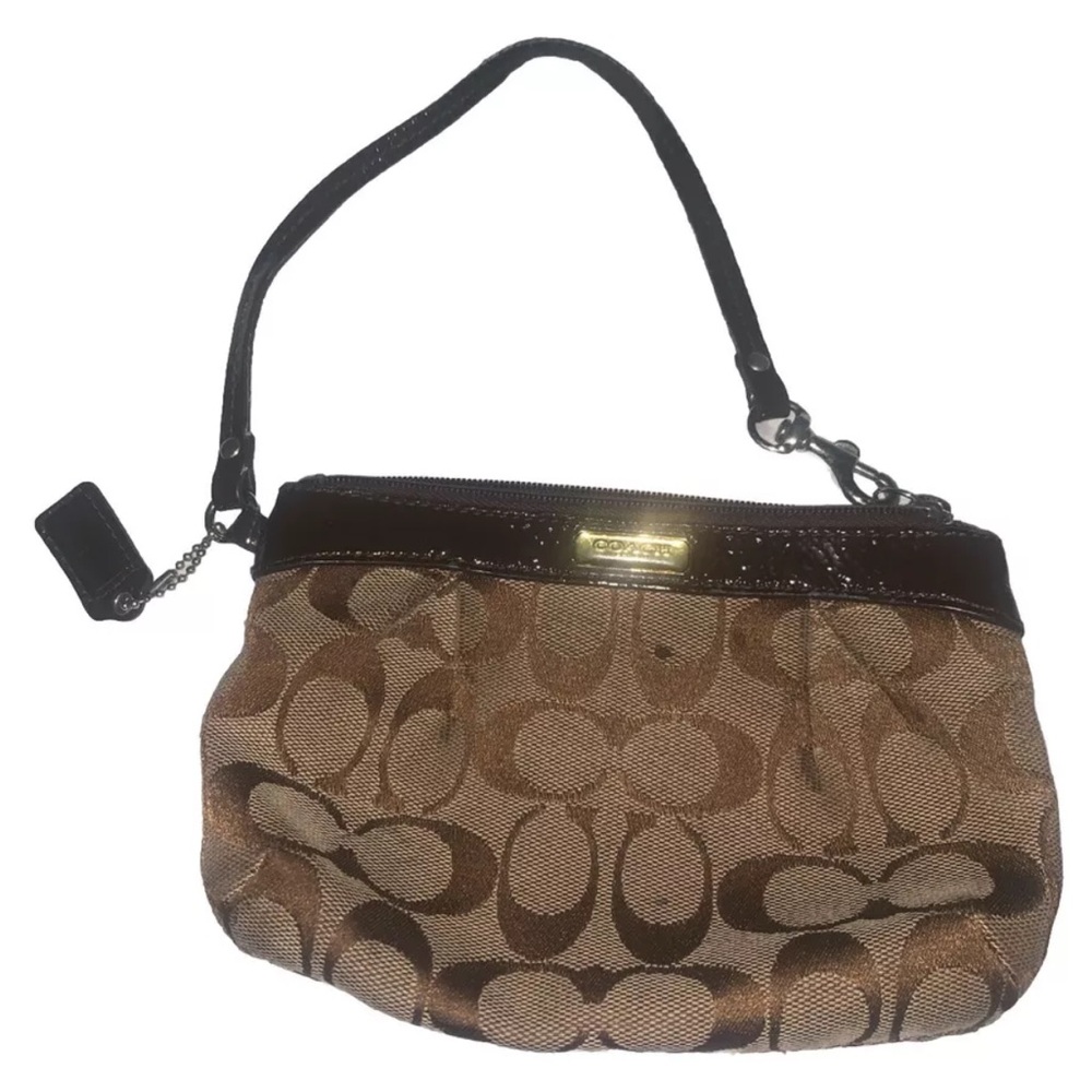 Coach Wristlet Clutch Brown Signature Logo With Print Dark Brown Leather Trim